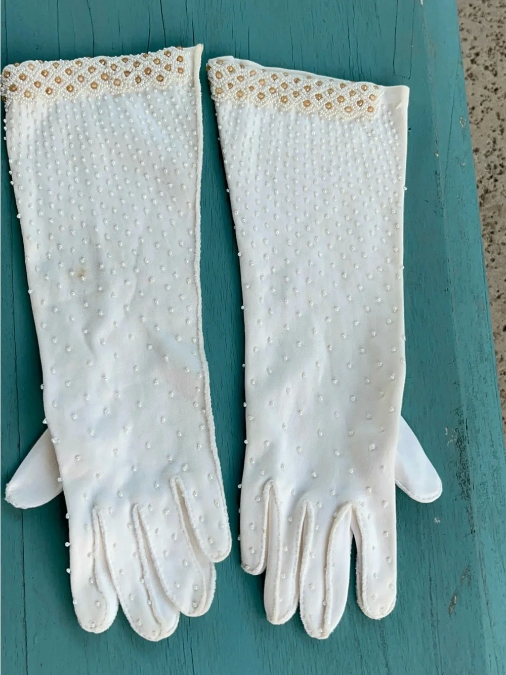 Exquisite vintage hand-beaded long formal gloves, 100% Double Cotton